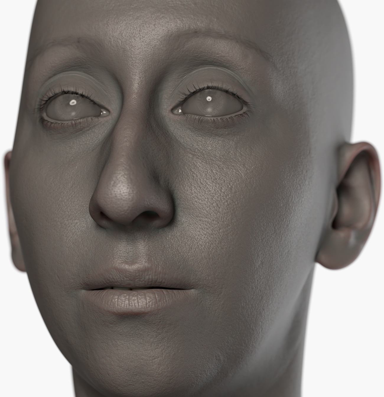 Clay render of a female 3D head scan showing fine skin pore and surface detail captured via photogrammetry